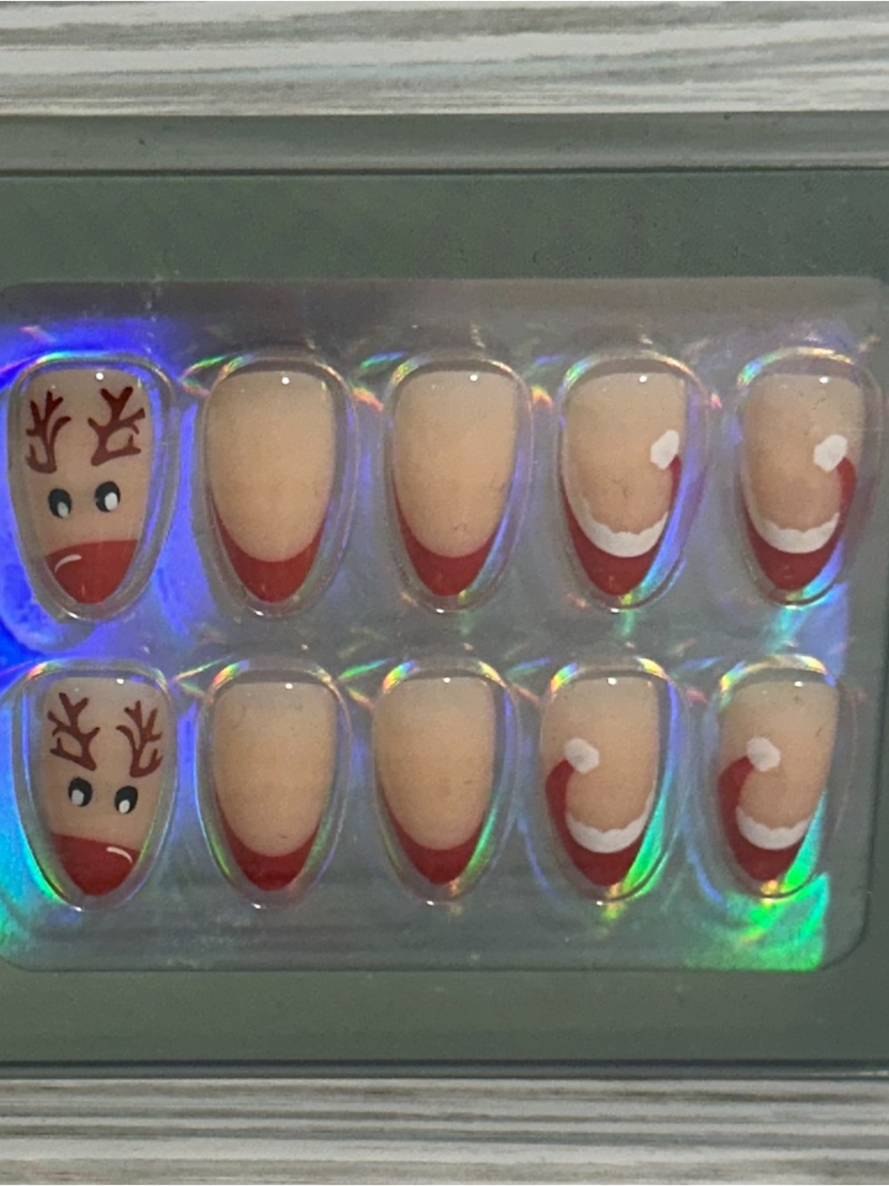 Holiday Press-On Nails Nude W Red French Tip and Reindeer & Santa Hat Accents